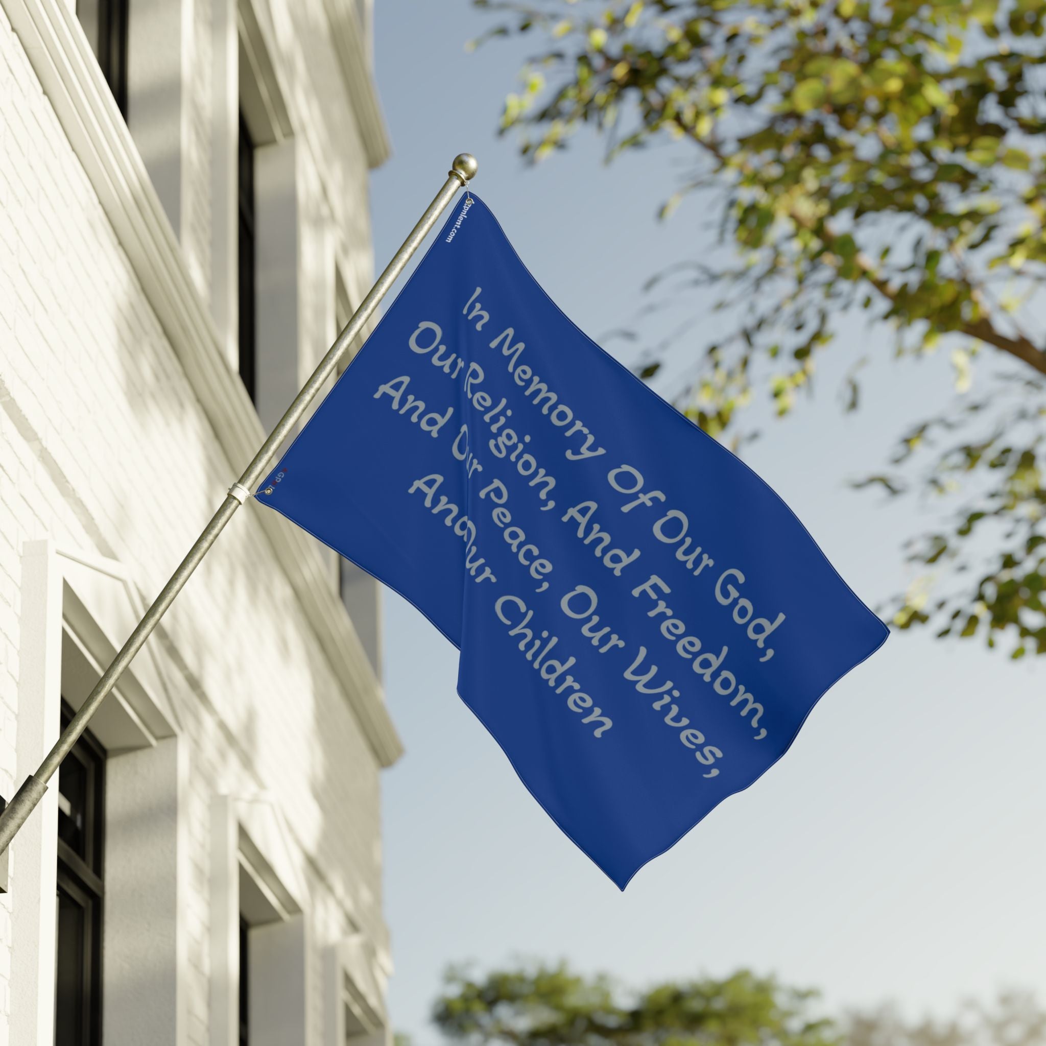 Title of Liberty Memorial Quote Flag — "In Memory Of Our God, Our Religion, And Freedom" Double-Sided Garden Flag
