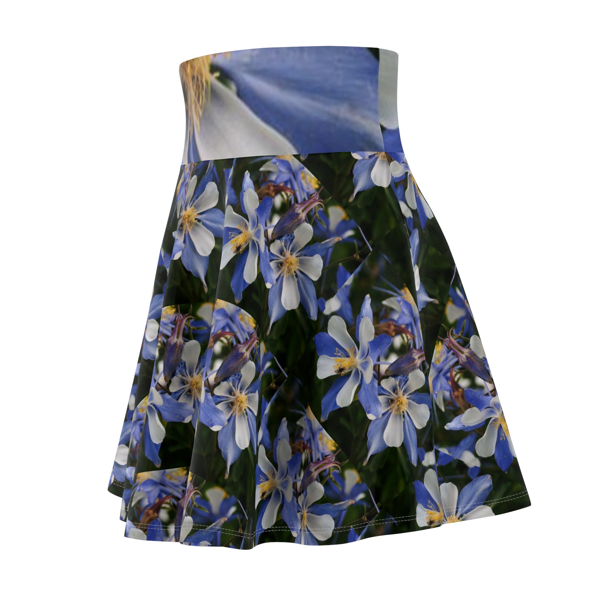 Floral Blue Columbine Skater Skirt — High-Waist Spring Floral AOP