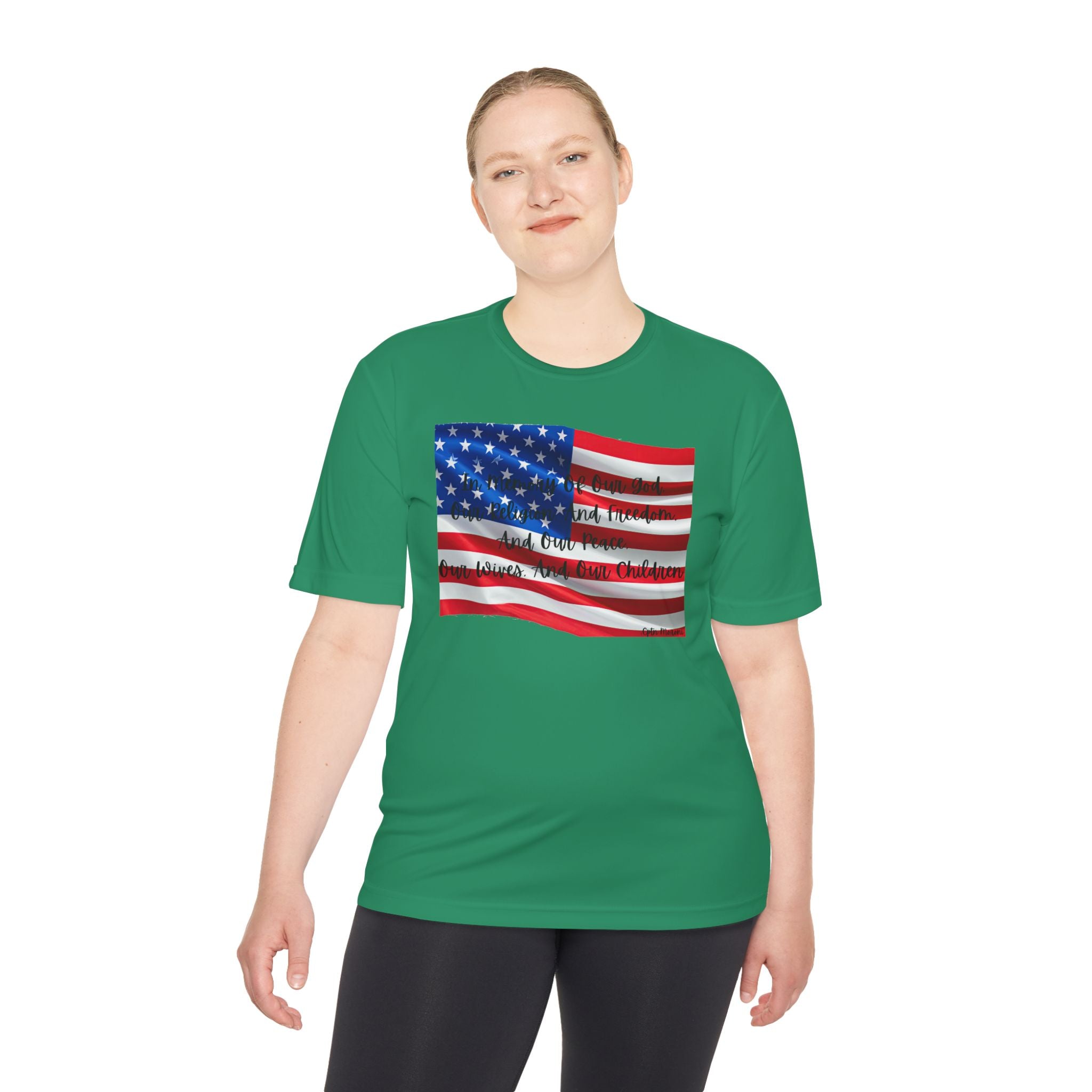 American Flag Title of Liberty Graphic Tee — Patriotic "Land of the Free" Moisture-Wicking Shirt