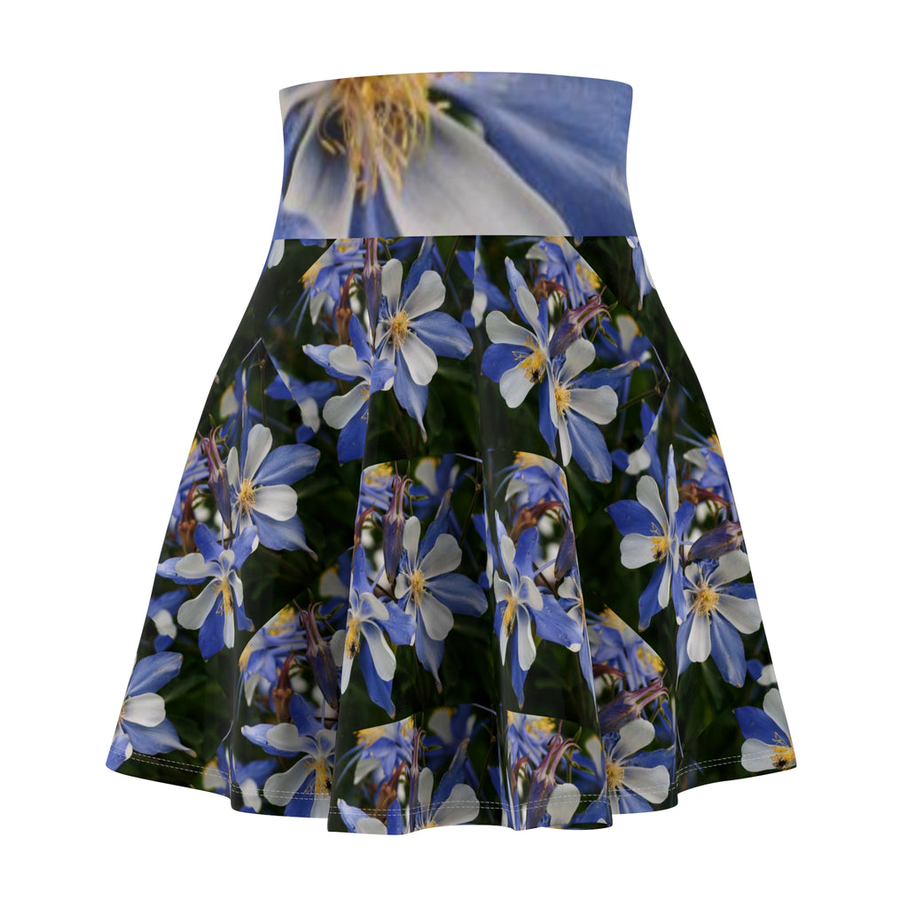 Floral Blue Columbine Skater Skirt — High-Waist Spring Floral AOP