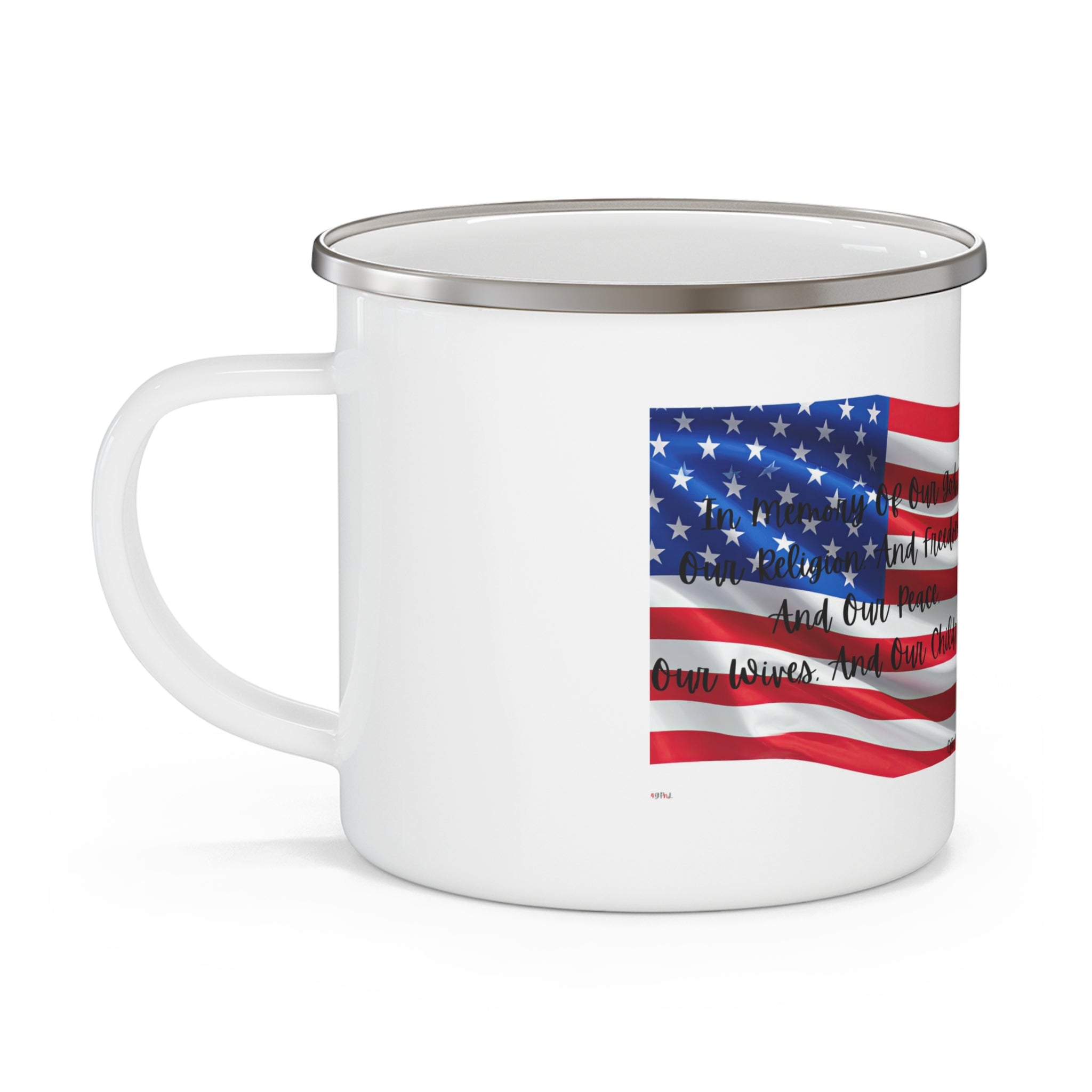American Flag  Title of Liberty Enamel Camping Mug — Patriotic Outdoor Coffee Cup