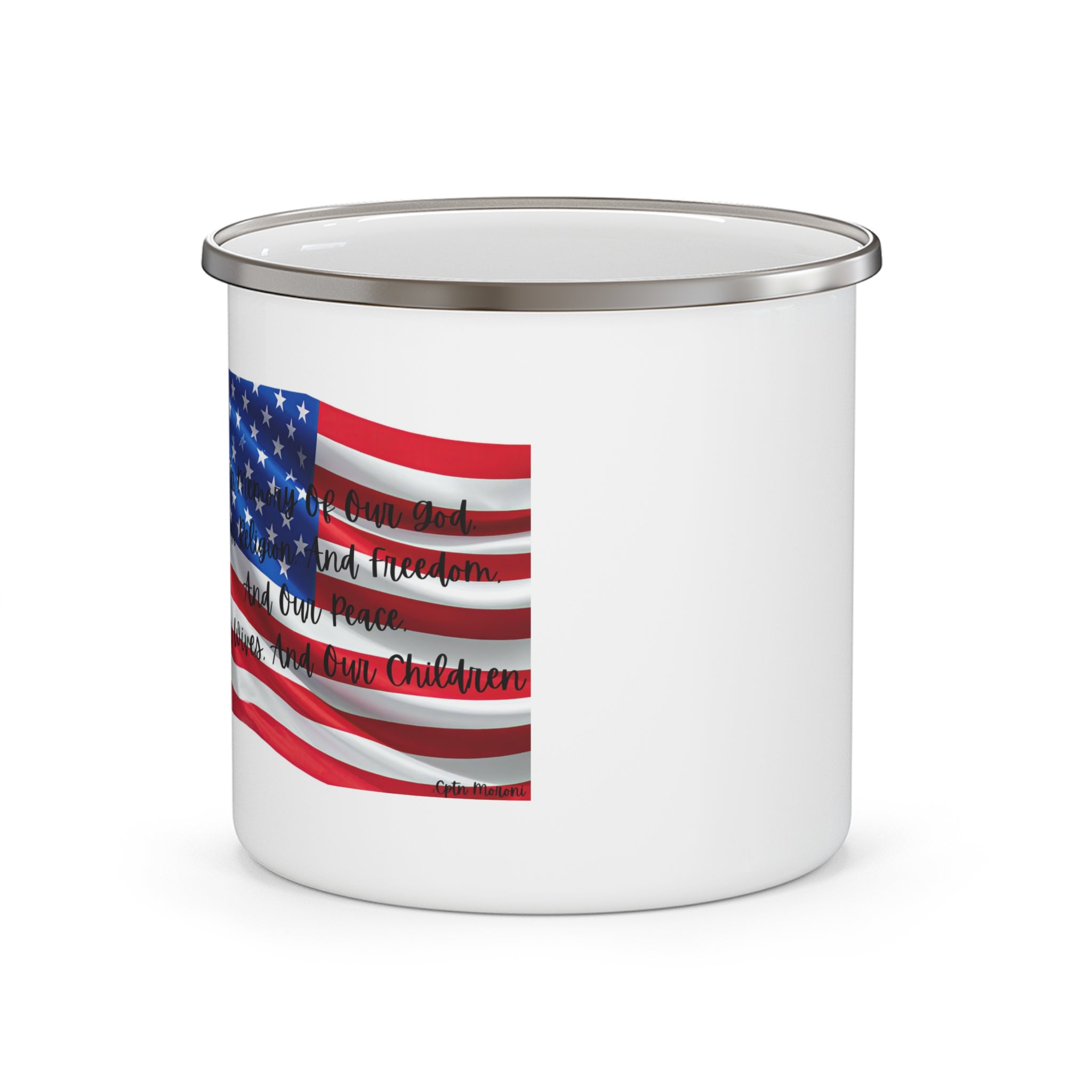 American Flag  Title of Liberty Enamel Camping Mug — Patriotic Outdoor Coffee Cup