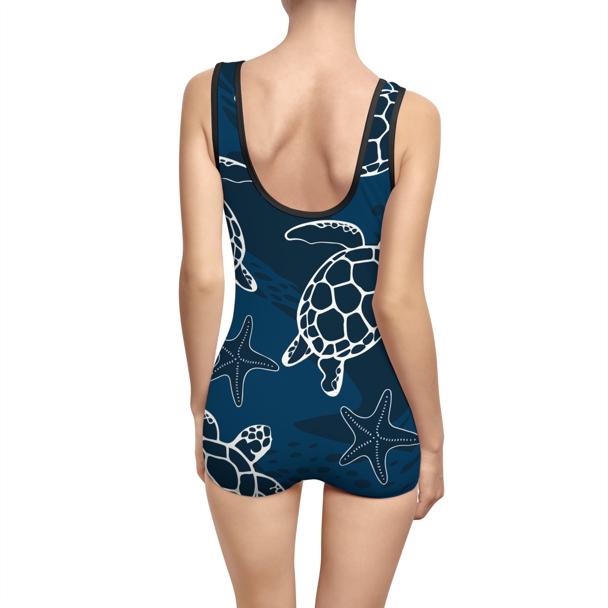 Vintage Sea Turtle One-Piece Swimsuit – Nautical Blue Turtle & Starfish Print