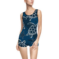 Vintage Sea Turtle One-Piece Swimsuit – Nautical Blue Turtle & Starfish Print