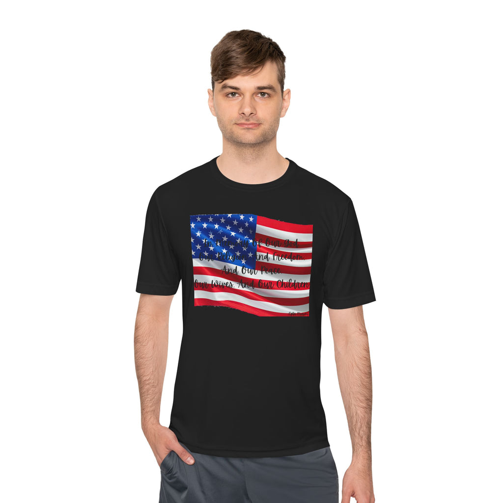 American Flag Title of Liberty Graphic Tee — Patriotic "Land of the Free" Moisture-Wicking Shirt