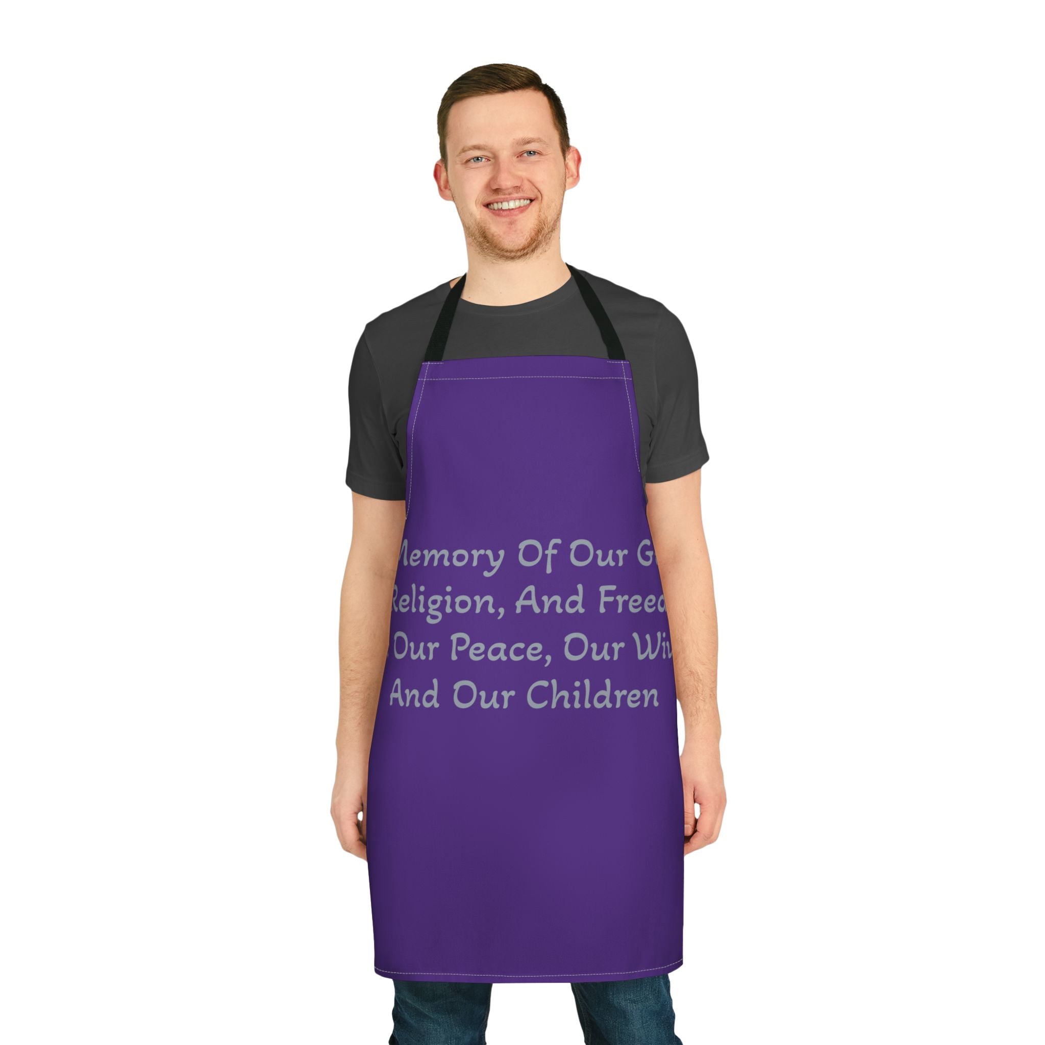 "Title of Liberty Apron — "In Memory of Our God..." Purple Kitchen Apron for Patriotic & Religious Cooks