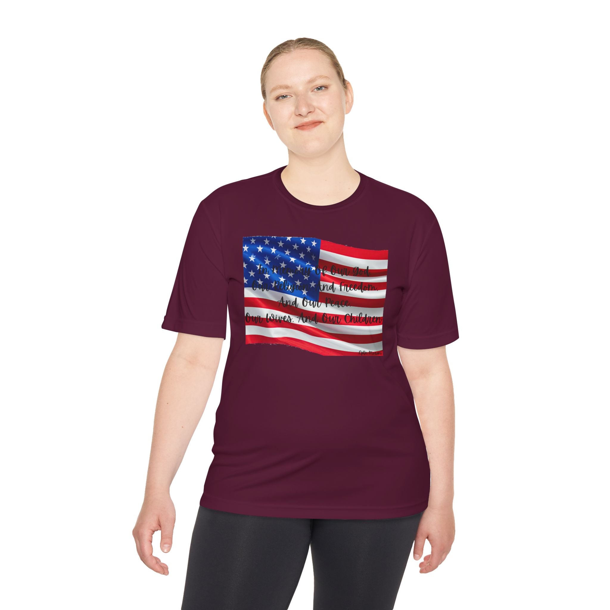 American Flag Title of Liberty Graphic Tee — Patriotic "Land of the Free" Moisture-Wicking Shirt