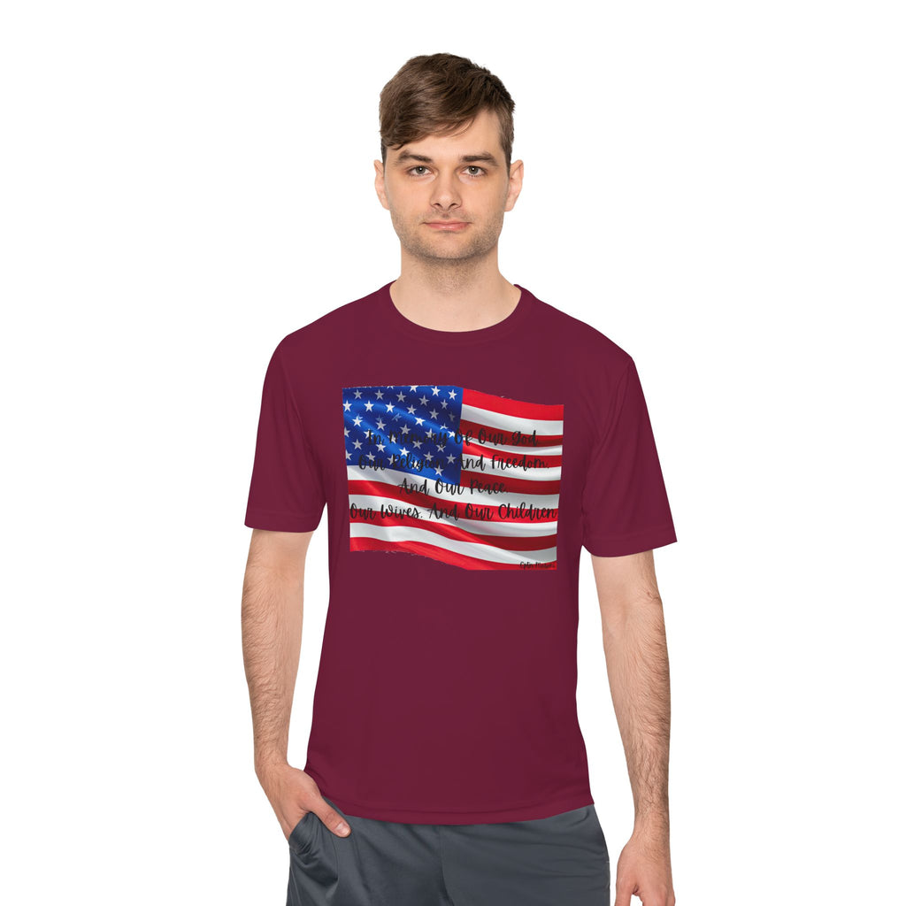 American Flag Title of Liberty Graphic Tee — Patriotic "Land of the Free" Moisture-Wicking Shirt
