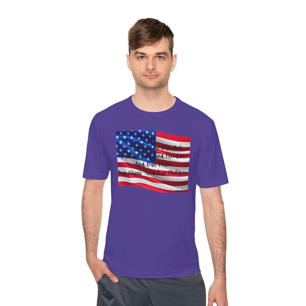 American Flag Title of Liberty Graphic Tee — Patriotic "Land of the Free" Moisture-Wicking Shirt