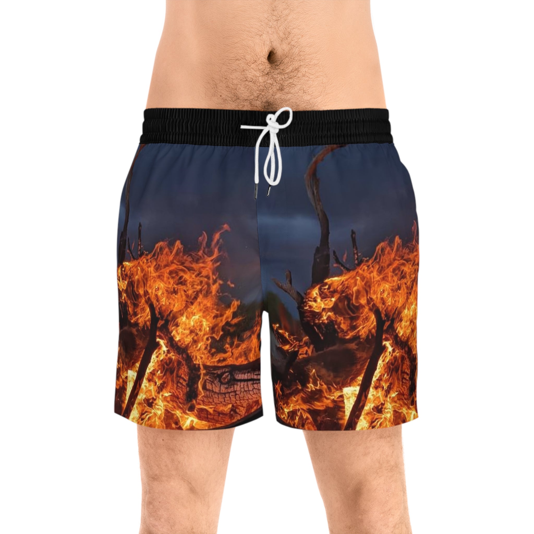 Flaming Swim Shorts — Men's Fire Wolf Print Beach Trunks