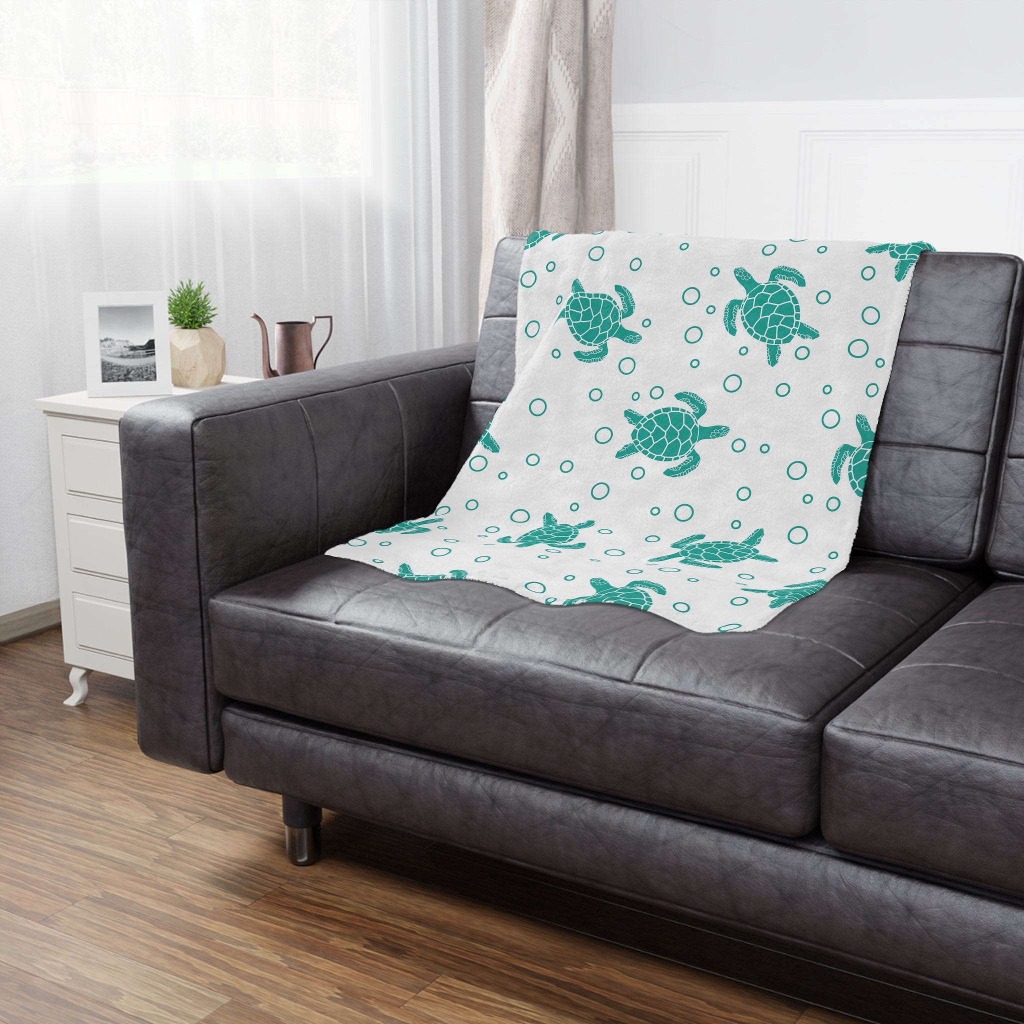 Sea Turtle Minky Blanket — Soft Teal Turtle Pattern Throw for Nursery & Beach Lovers