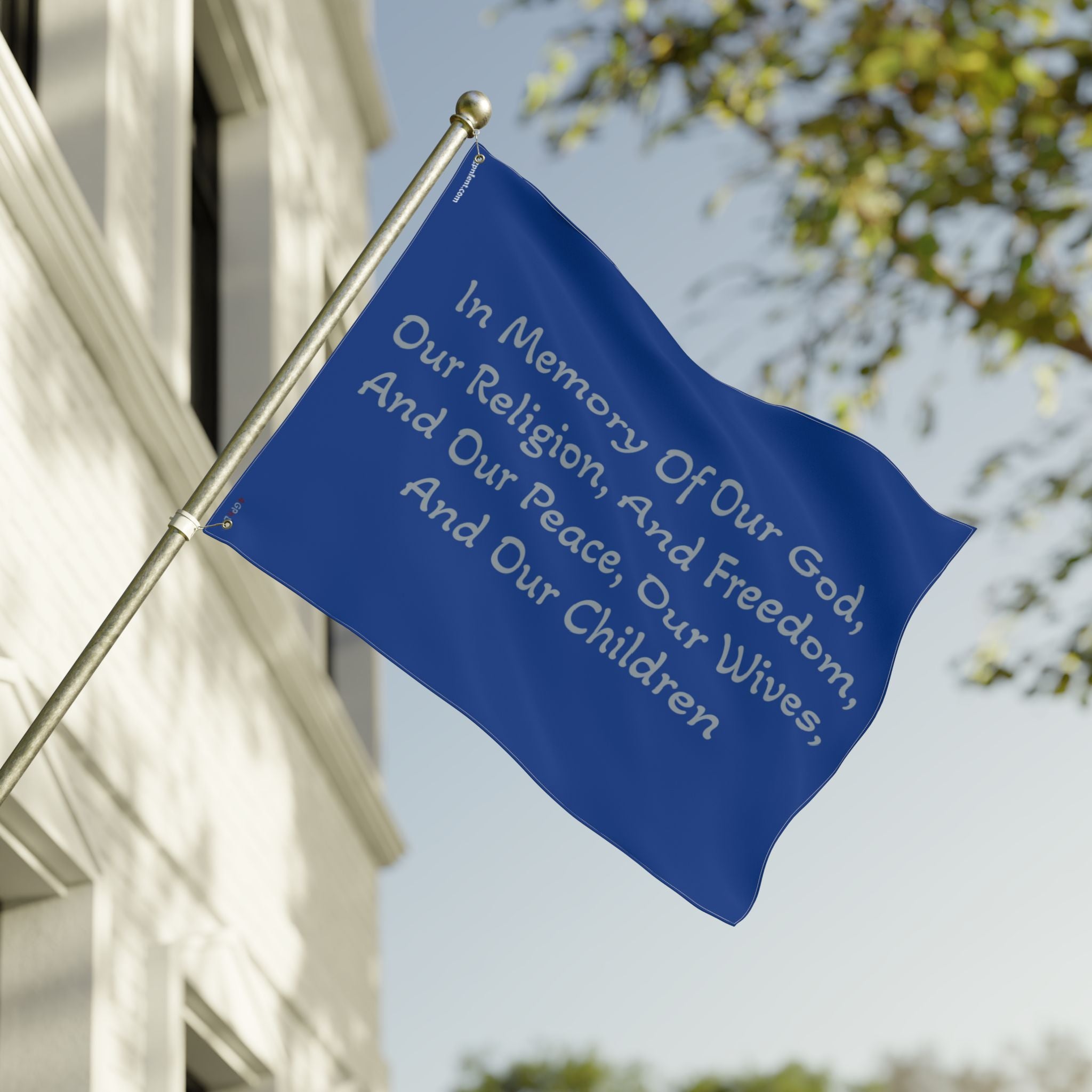 Title of Liberty Memorial Quote Flag — "In Memory Of Our God, Our Religion, And Freedom" Double-Sided Garden Flag