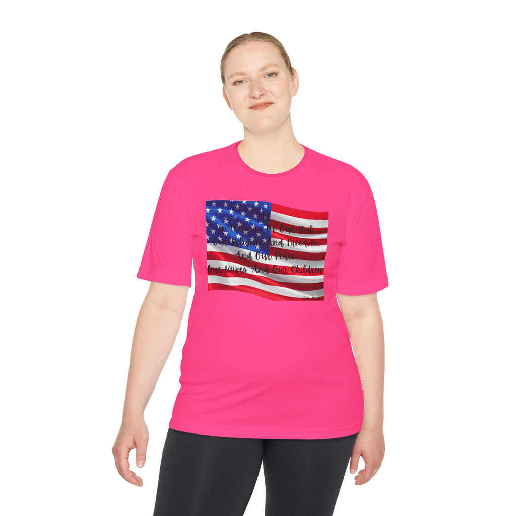 American Flag Title of Liberty Graphic Tee — Patriotic "Land of the Free" Moisture-Wicking Shirt