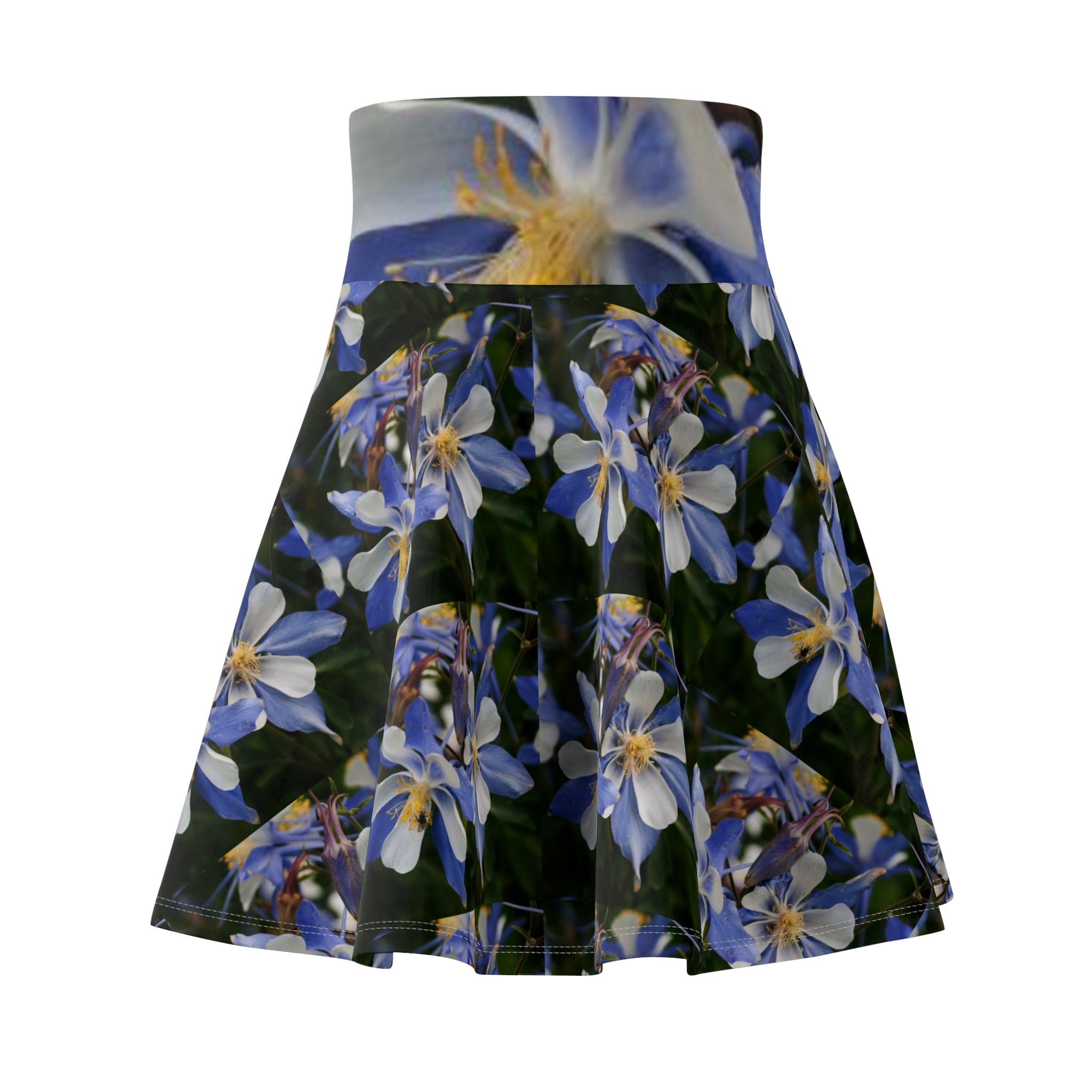 Floral Blue Columbine Skater Skirt — High-Waist Spring Floral AOP