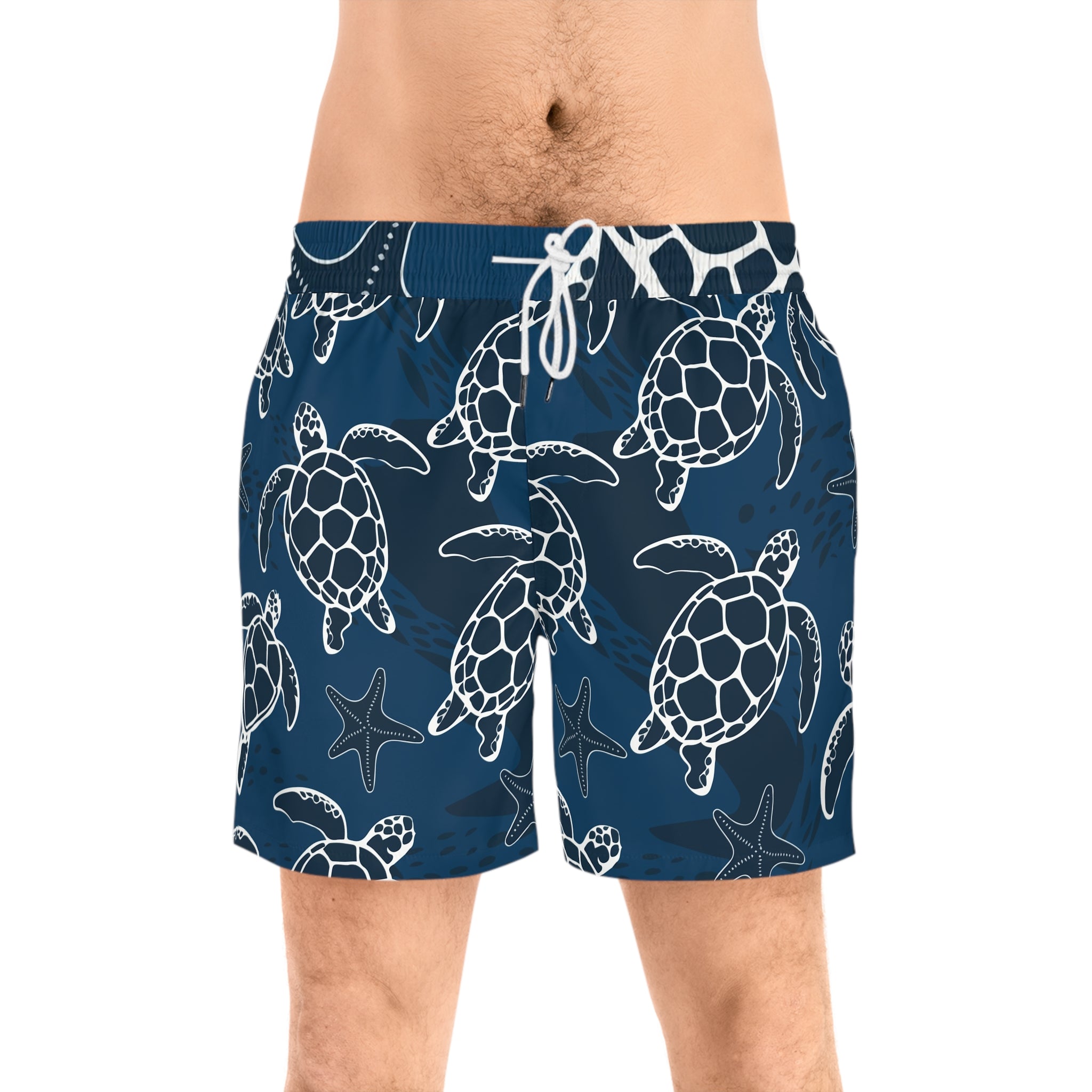 Sea Turtle Print Swim Shorts — Men's Nautical Beach Trunks