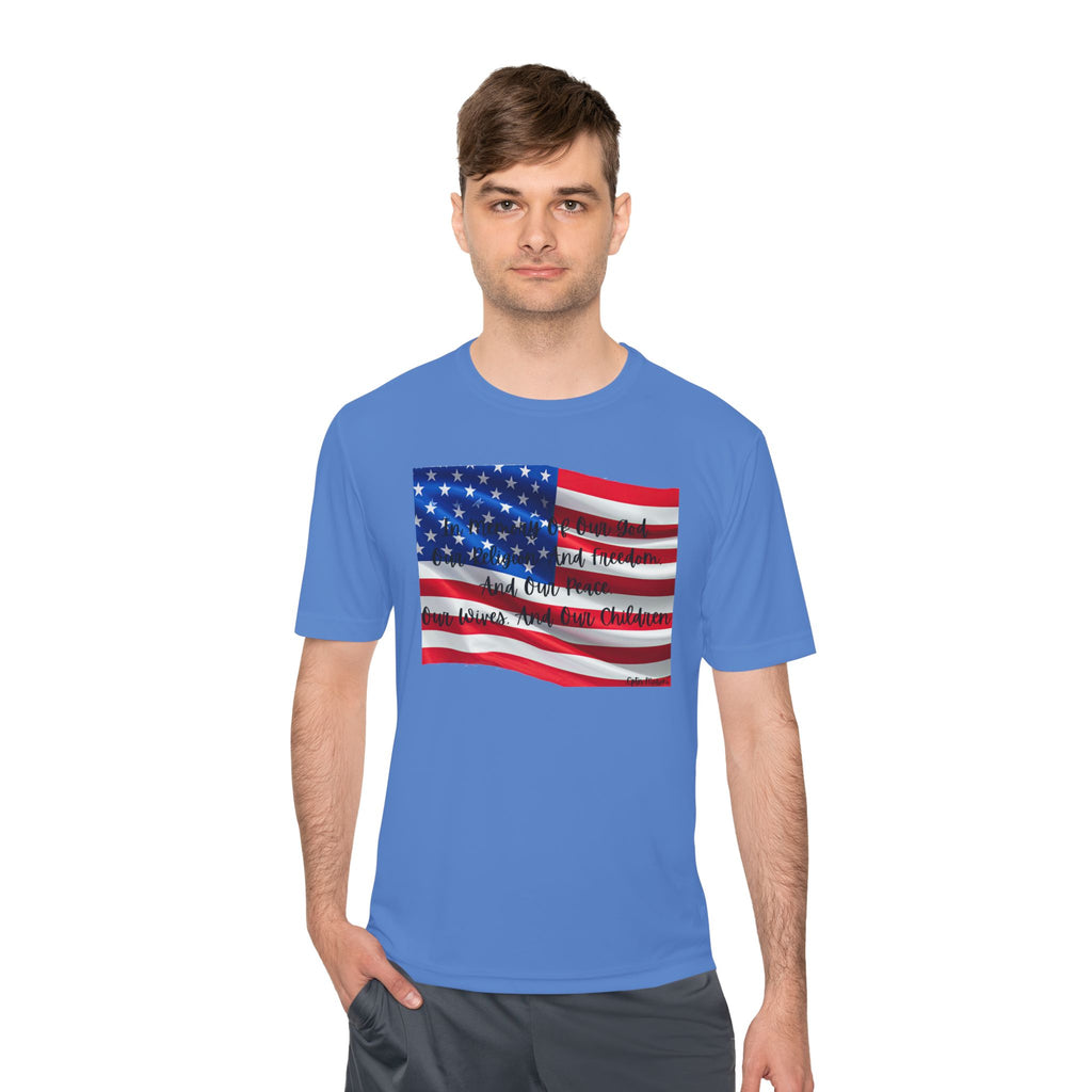 American Flag Title of Liberty Graphic Tee — Patriotic "Land of the Free" Moisture-Wicking Shirt