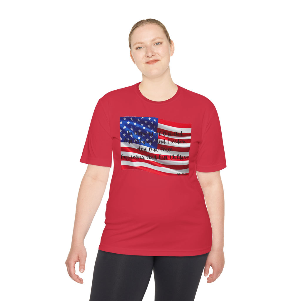American Flag Title of Liberty Graphic Tee — Patriotic "Land of the Free" Moisture-Wicking Shirt