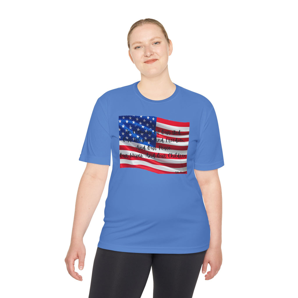 American Flag Title of Liberty Graphic Tee — Patriotic "Land of the Free" Moisture-Wicking Shirt