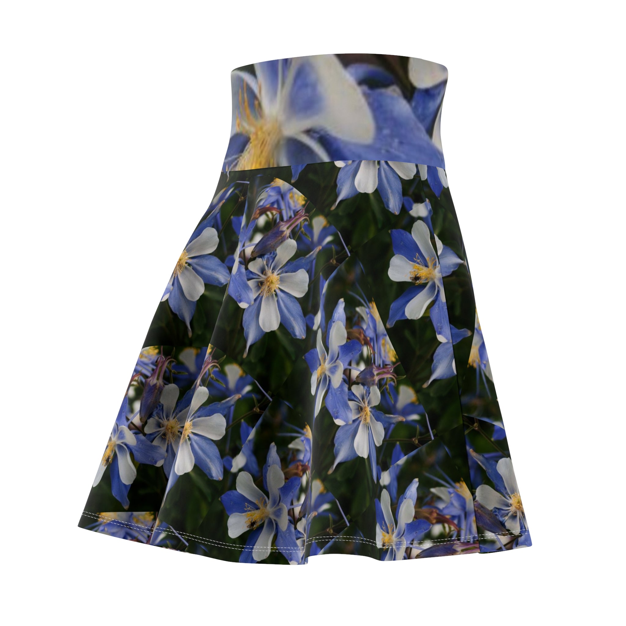 Floral Blue Columbine Skater Skirt — High-Waist Spring Floral AOP