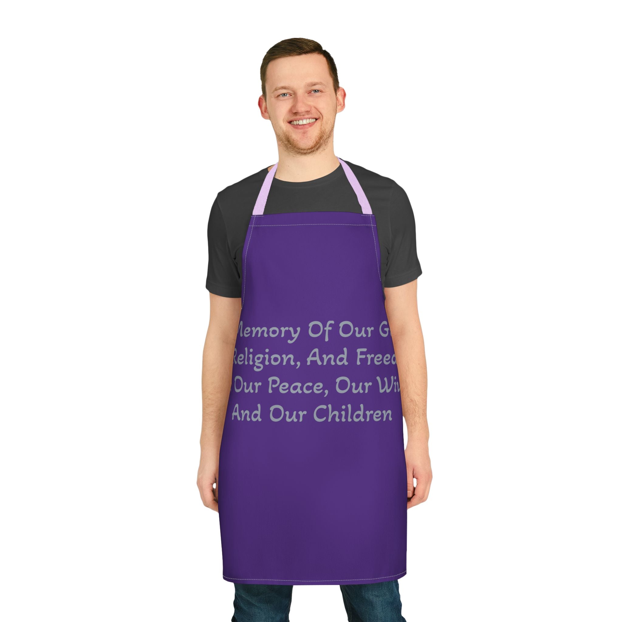 "Title of Liberty Apron — "In Memory of Our God..." Purple Kitchen Apron for Patriotic & Religious Cooks
