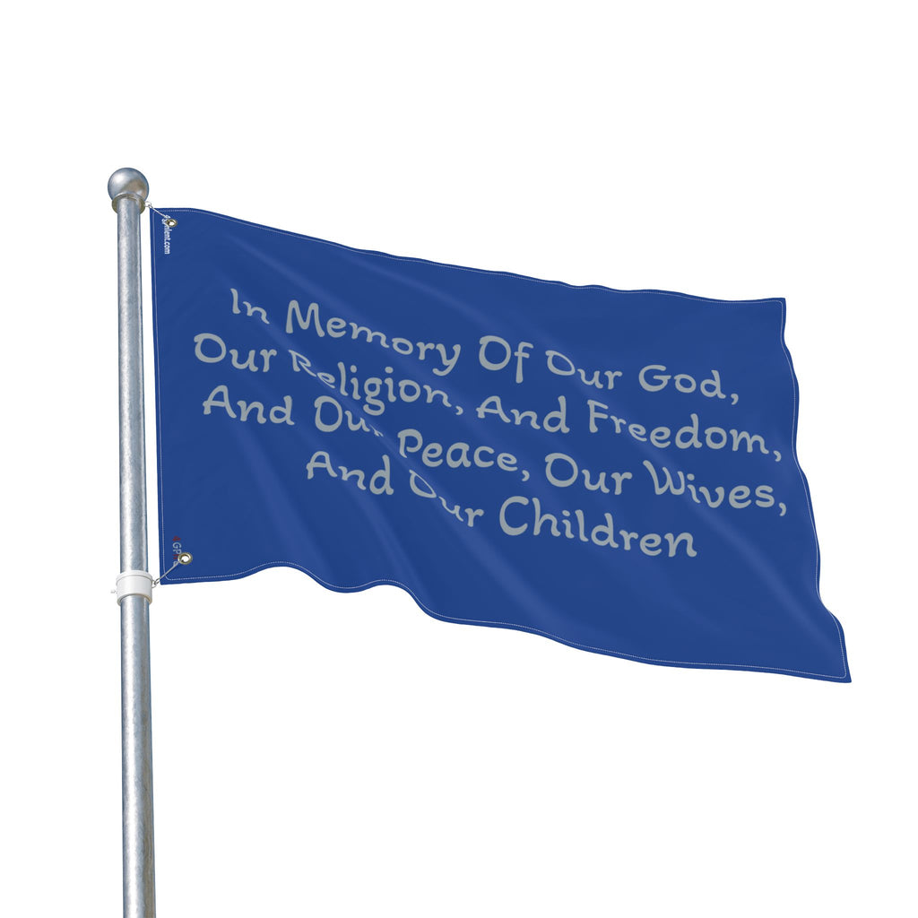 Title of Liberty Memorial Quote Flag — "In Memory Of Our God, Our Religion, And Freedom" Double-Sided Garden Flag