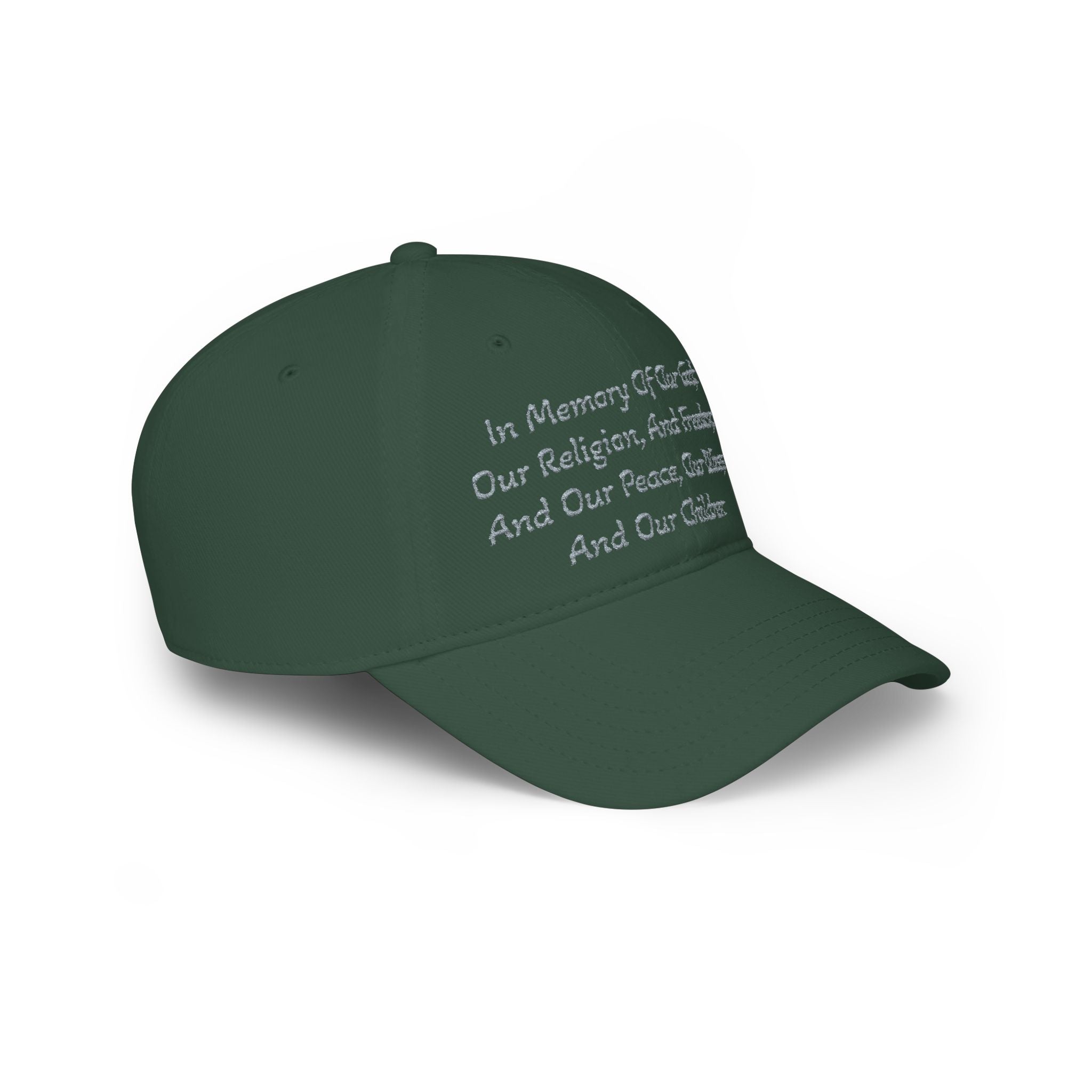 Embroidered Memorial Baseball Cap — "In Memory Of Our God, Our Religion, And Freedom..."
