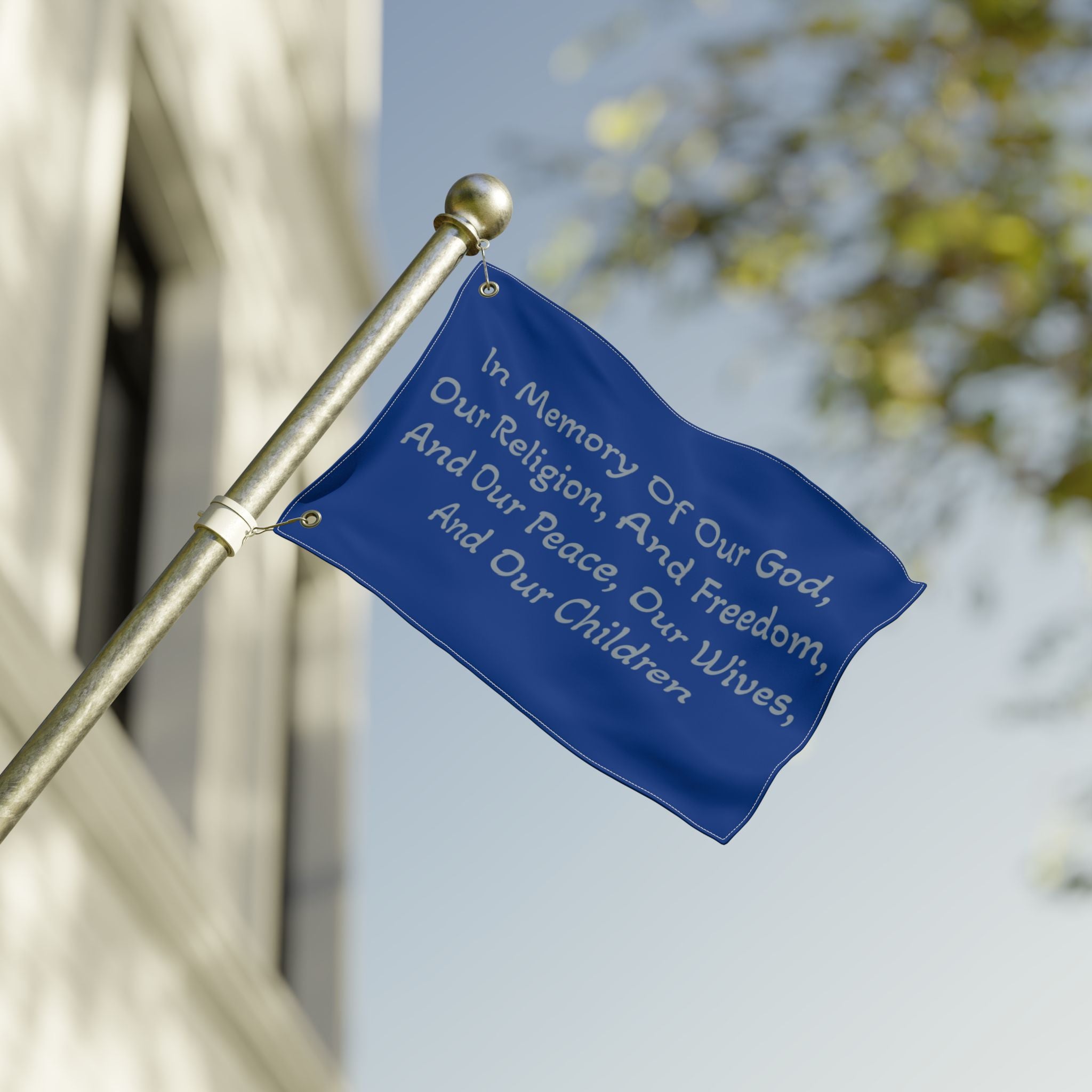 Title of Liberty Memorial Quote Flag — "In Memory Of Our God, Our Religion, And Freedom" Double-Sided Garden Flag