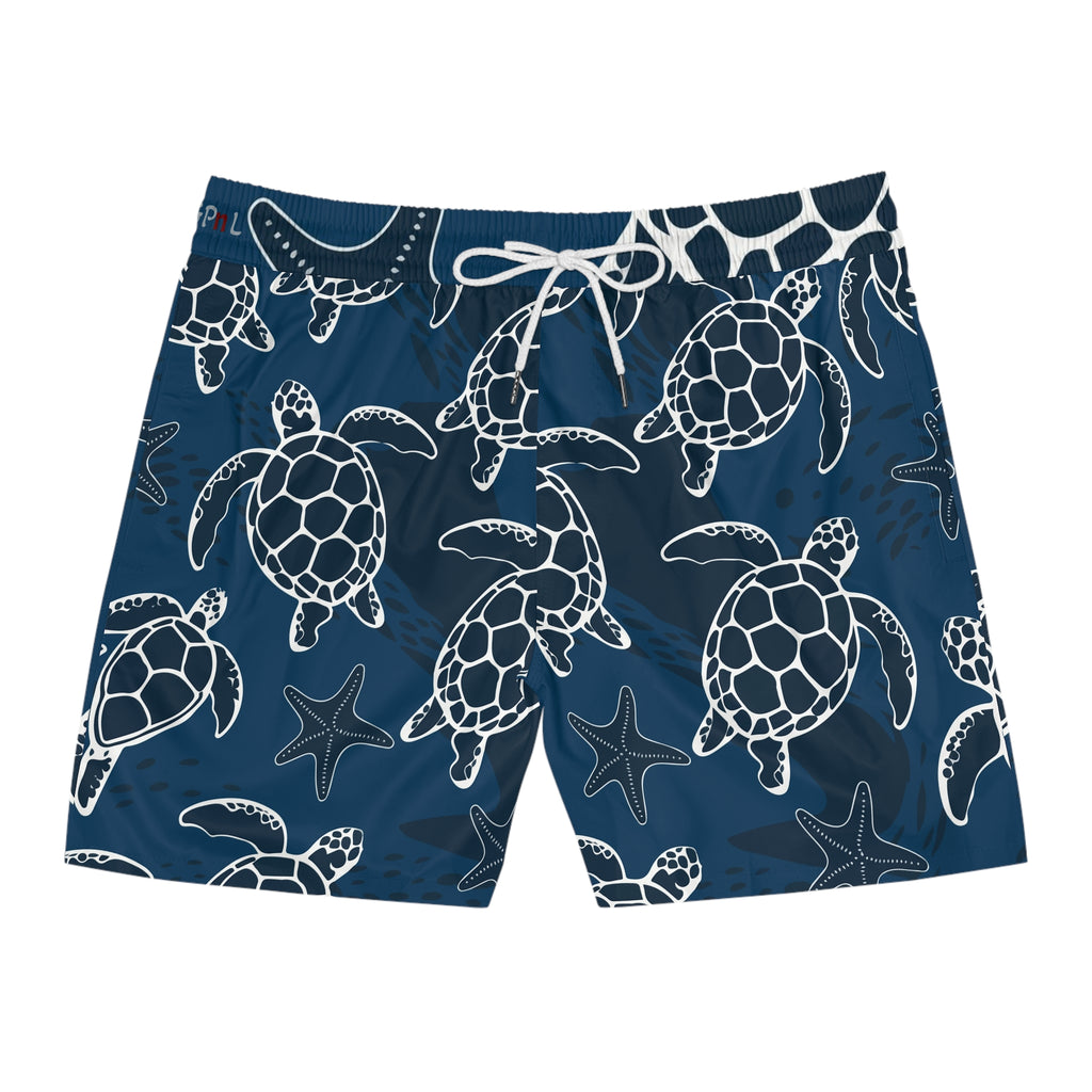 Sea Turtle Print Swim Shorts — Men's Nautical Beach Trunks