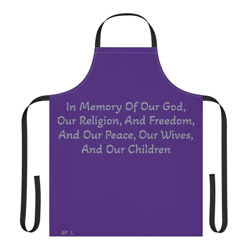 "Title of Liberty Apron — "In Memory of Our God..." Purple Kitchen Apron for Patriotic & Religious Cooks