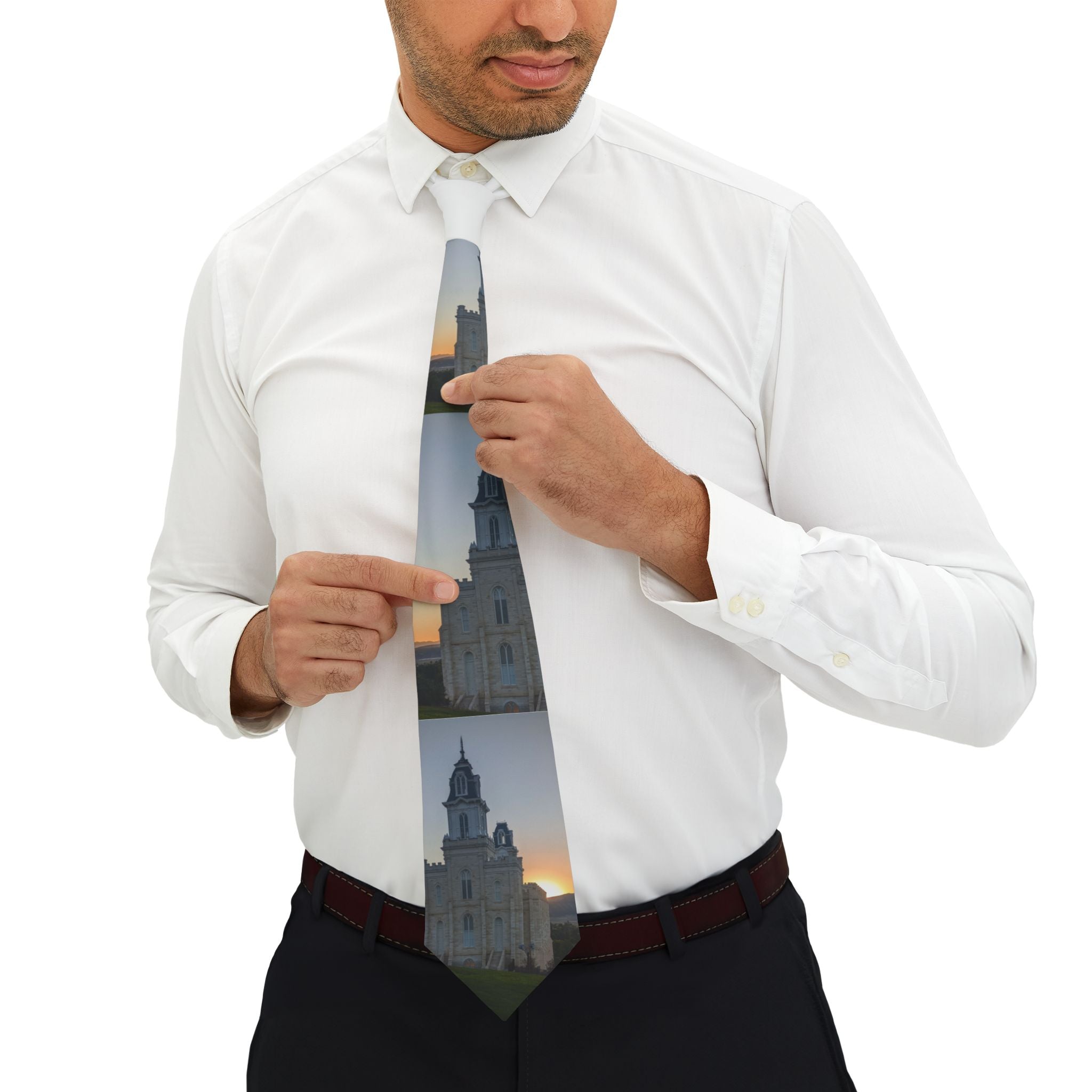 Manti, UT Temple Sunset Necktie - Scenic Church Architecture Print for Formal Wear