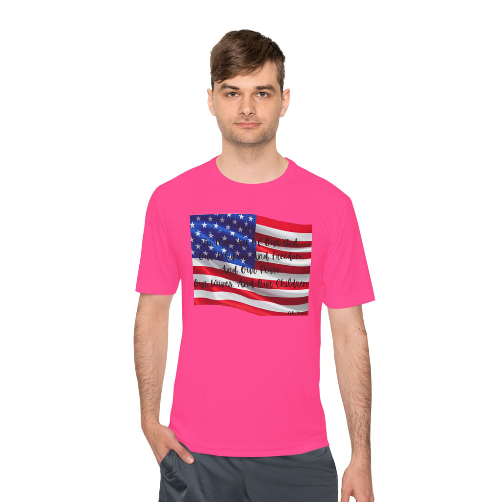 American Flag Title of Liberty Graphic Tee — Patriotic "Land of the Free" Moisture-Wicking Shirt