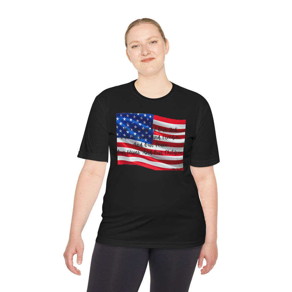 American Flag Title of Liberty Graphic Tee — Patriotic "Land of the Free" Moisture-Wicking Shirt