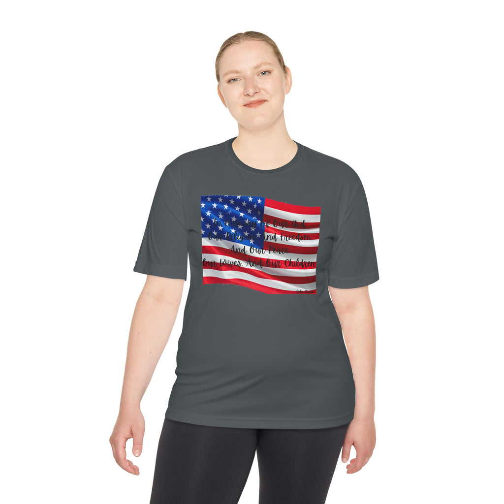 American Flag Title of Liberty Graphic Tee — Patriotic "Land of the Free" Moisture-Wicking Shirt