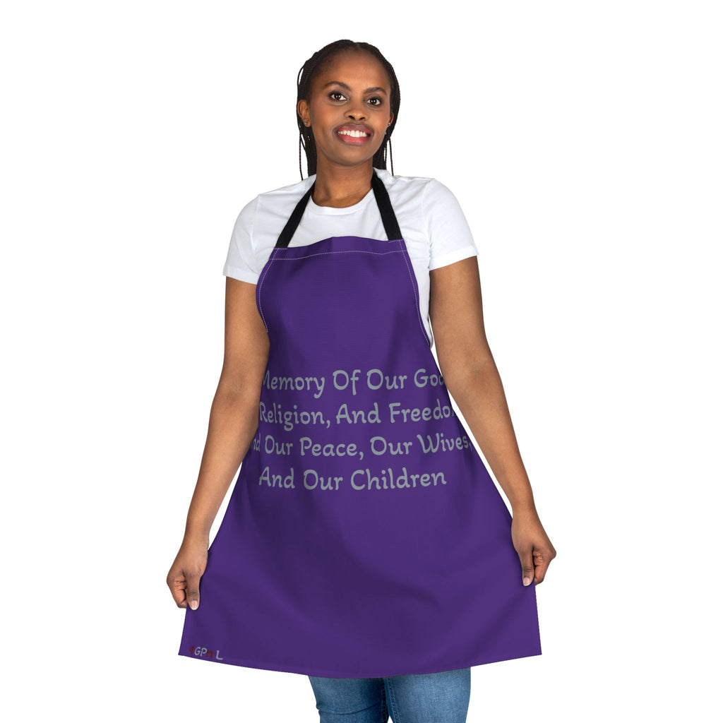 "Title of Liberty Apron — "In Memory of Our God..." Purple Kitchen Apron for Patriotic & Religious Cooks