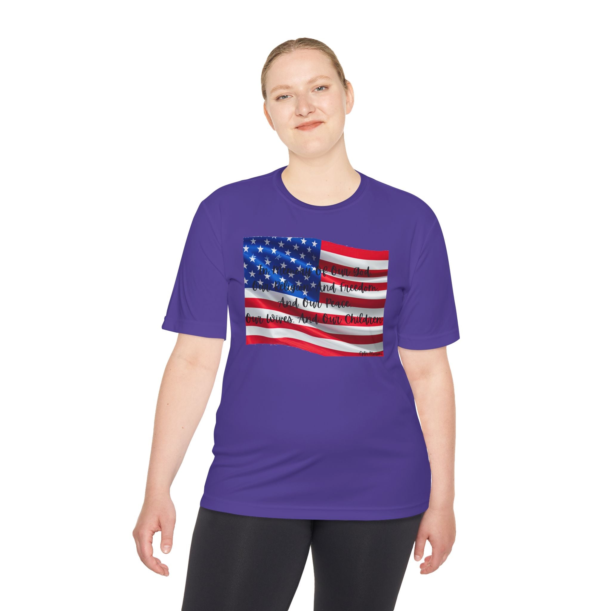 American Flag Title of Liberty Graphic Tee — Patriotic "Land of the Free" Moisture-Wicking Shirt