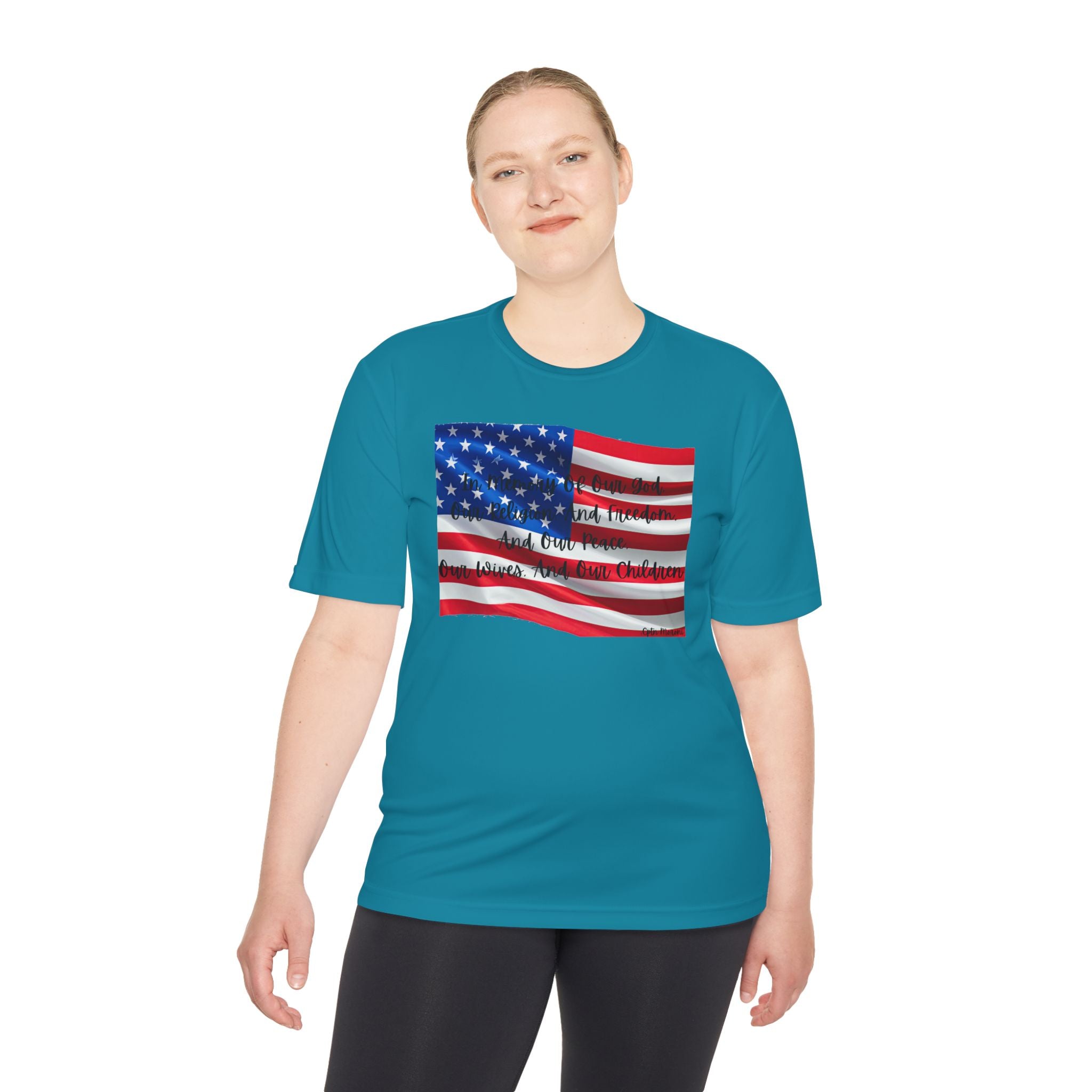 American Flag Title of Liberty Graphic Tee — Patriotic "Land of the Free" Moisture-Wicking Shirt