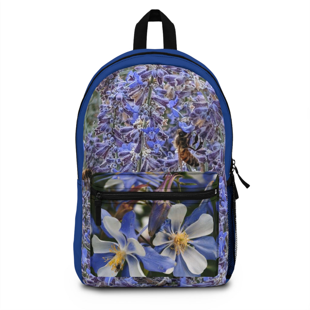 Blue Columbine Floral Backpack — Botanical Flower Print School Bag