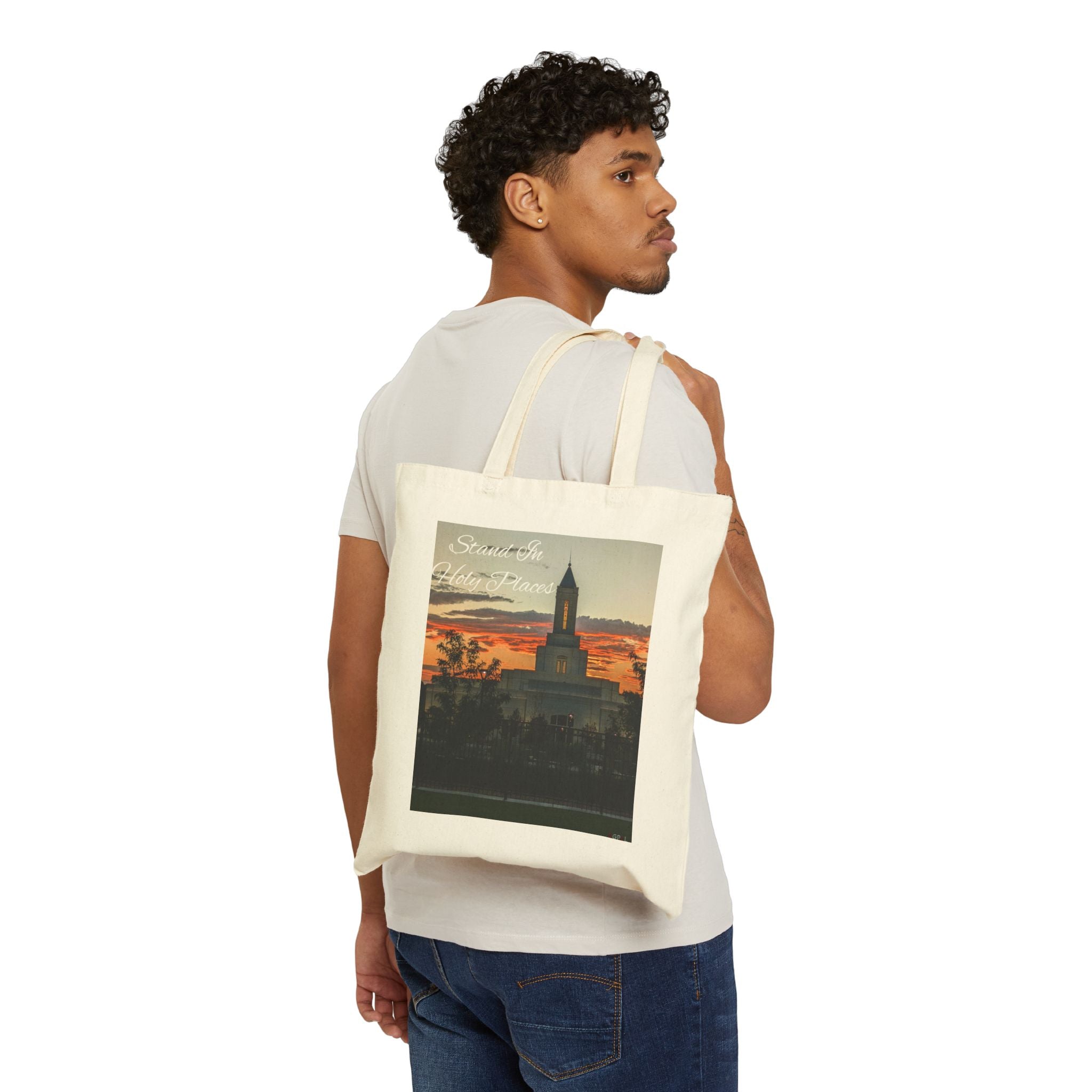 Sunset Temple Canvas Tote Bag – Scenic Evening Skyline Tote