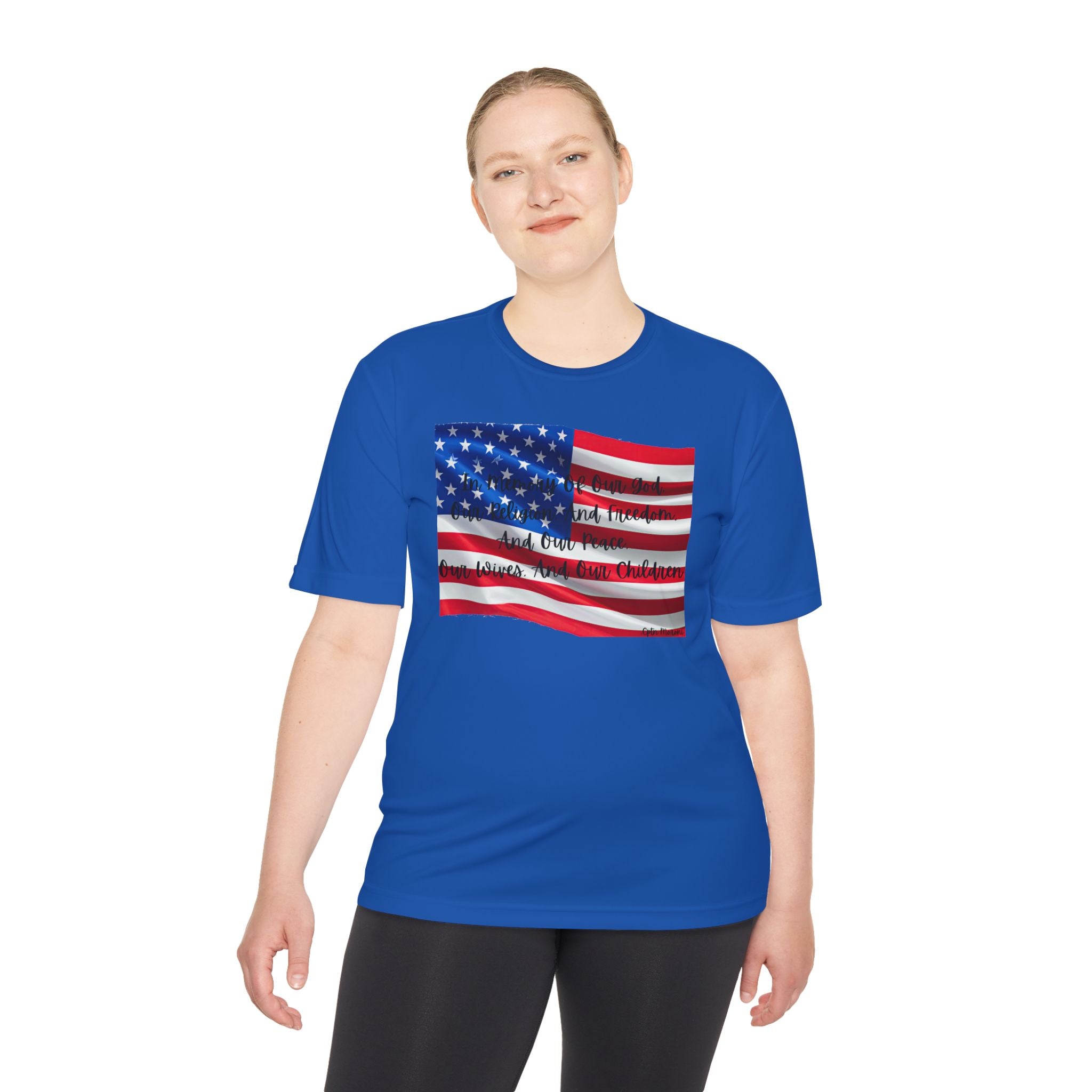 American Flag Title of Liberty Graphic Tee — Patriotic "Land of the Free" Moisture-Wicking Shirt