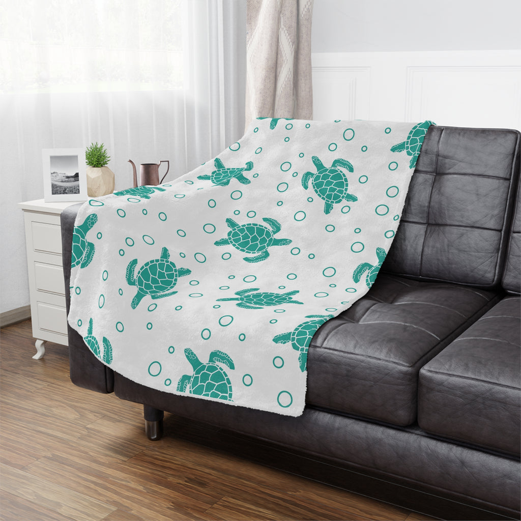 Sea Turtle Minky Blanket — Soft Teal Turtle Pattern Throw for Nursery & Beach Lovers