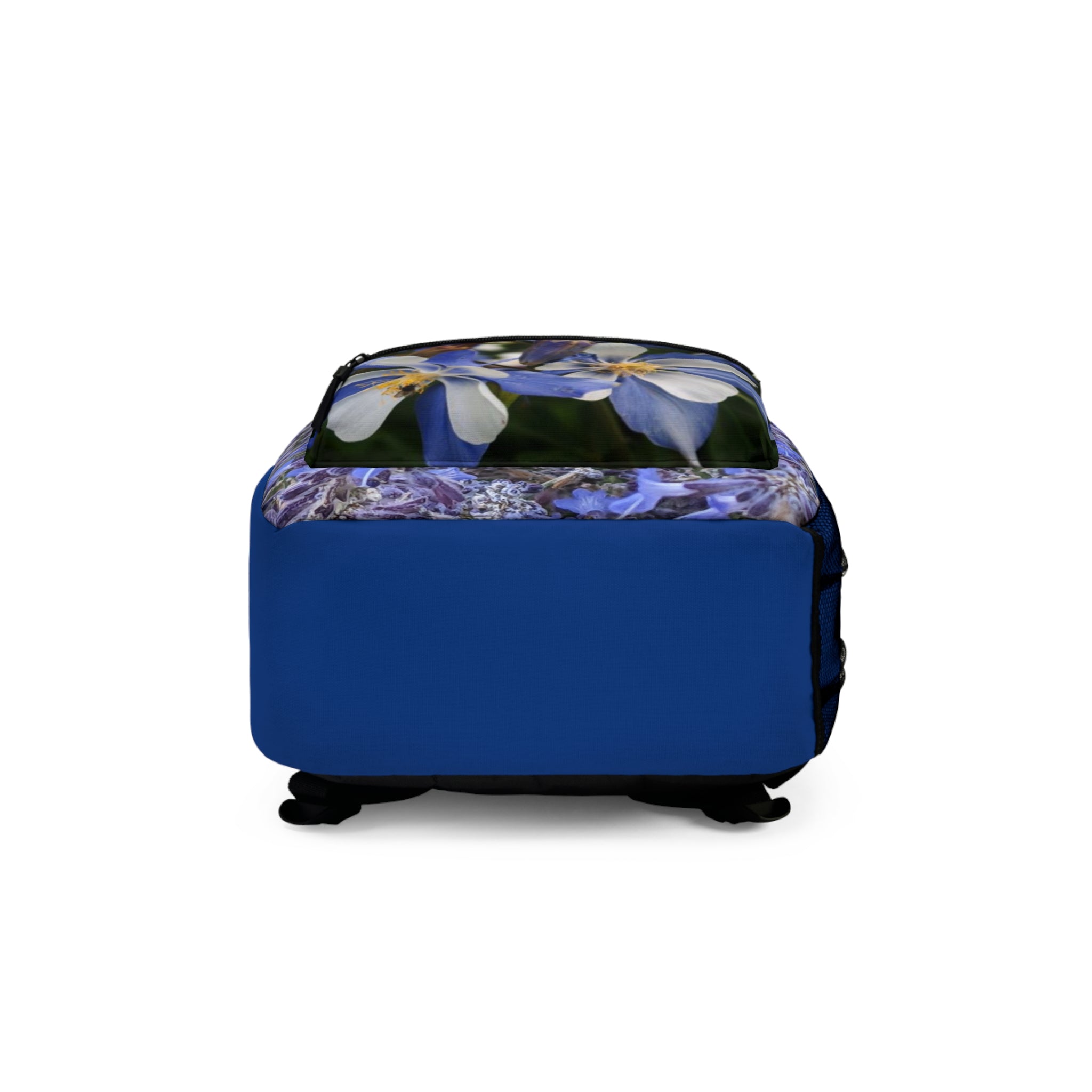 Blue Columbine Floral Backpack — Botanical Flower Print School Bag